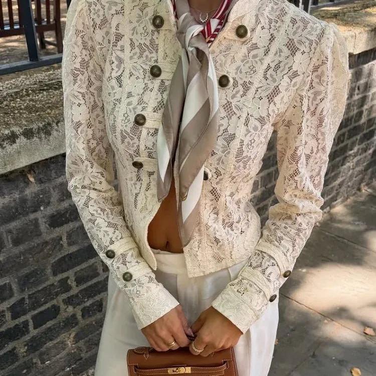 Sheer Lace Patchwork Slim Jacket featuring Single Breasted Closure Evening Blazer by Lilla