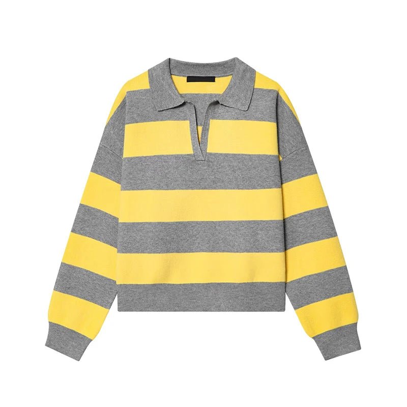 Striped Relaxed Fit Sweater featuring a Polo Collar Casual Work Pullover by Lilla