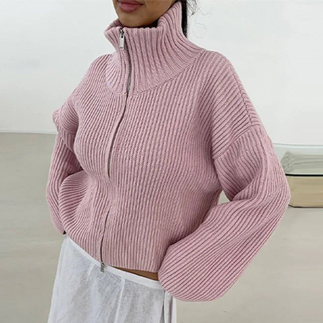 Striped Relaxed Zip Cardigan featuring a High Neck Casual Layering Sweater by Lilla