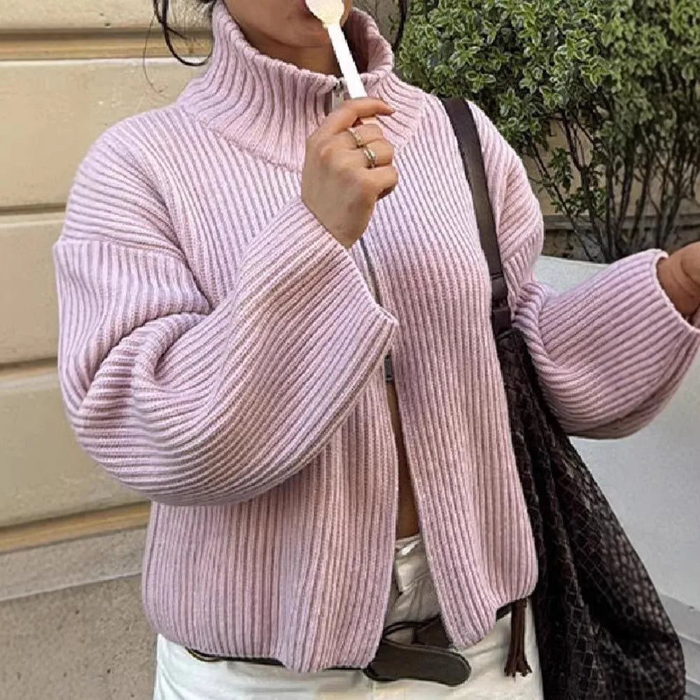 Striped Relaxed Zip Cardigan featuring a High Neck Casual Layering Sweater by Lilla