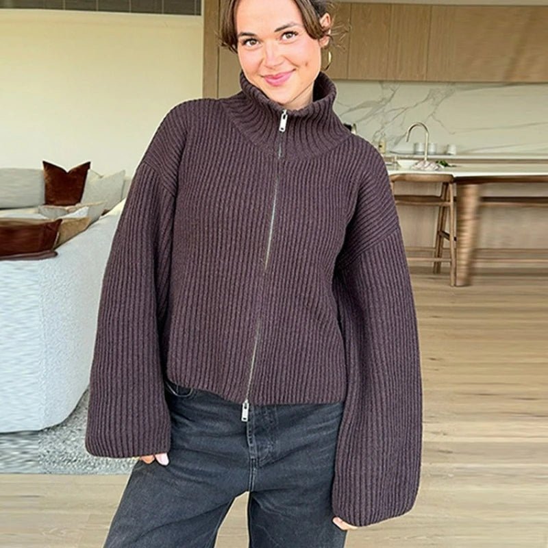 Striped Relaxed Zip Cardigan featuring a High Neck Casual Layering Sweater by Lilla