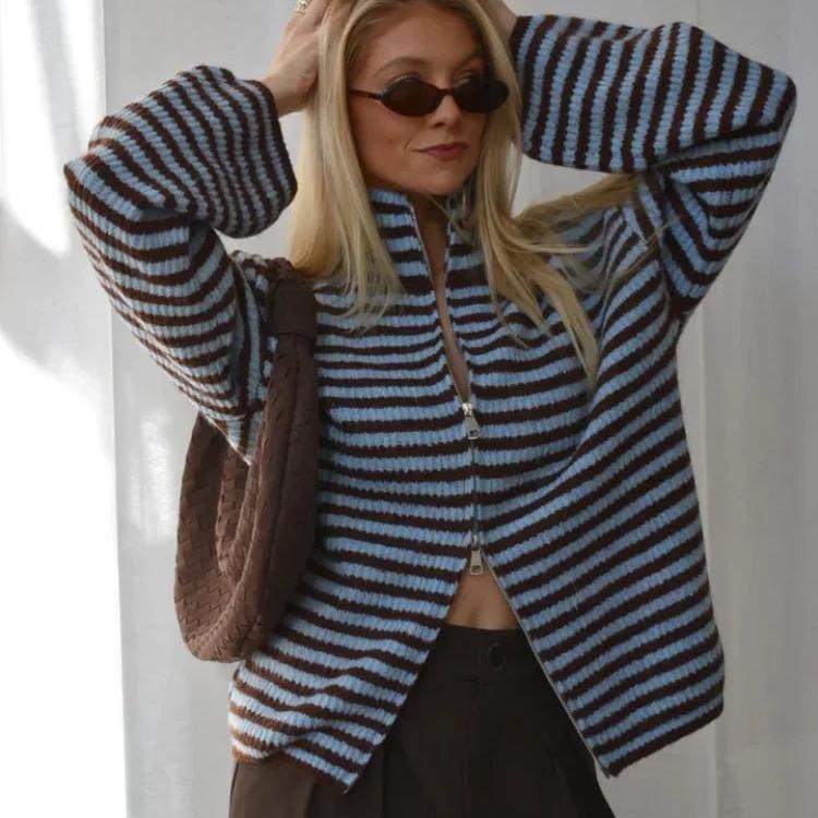Striped Relaxed Zip Cardigan featuring a High Neck Casual Layering Sweater by Lilla
