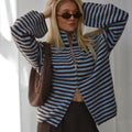 Striped Relaxed Zip Cardigan featuring a High Neck Casual Layering Sweater by Lilla