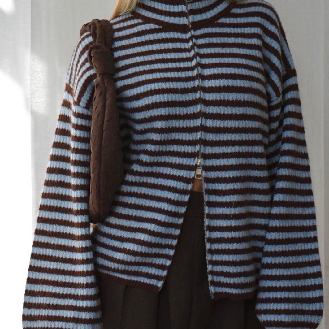 Striped Relaxed Zip Cardigan featuring a High Neck Casual Layering Sweater by Lilla