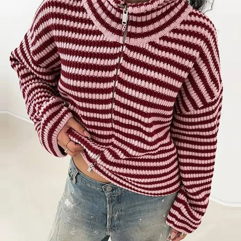 Striped Relaxed Zip Cardigan featuring a High Neck Casual Layering Sweater by Lilla