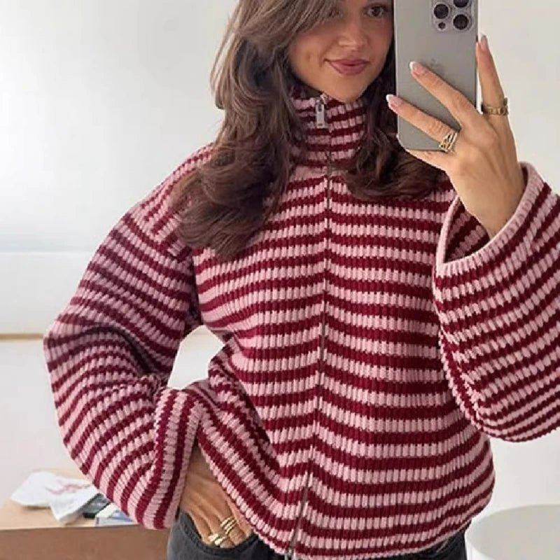 Striped Relaxed Zip Cardigan featuring a High Neck Casual Layering Sweater by Lilla