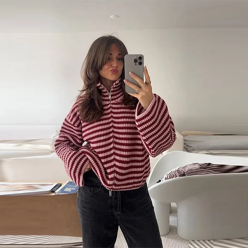 Striped Relaxed Zip Cardigan featuring a High Neck Casual Layering Sweater by Lilla