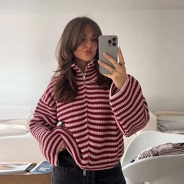 Striped Relaxed Zip Cardigan featuring a High Neck Casual Layering Sweater by Lilla