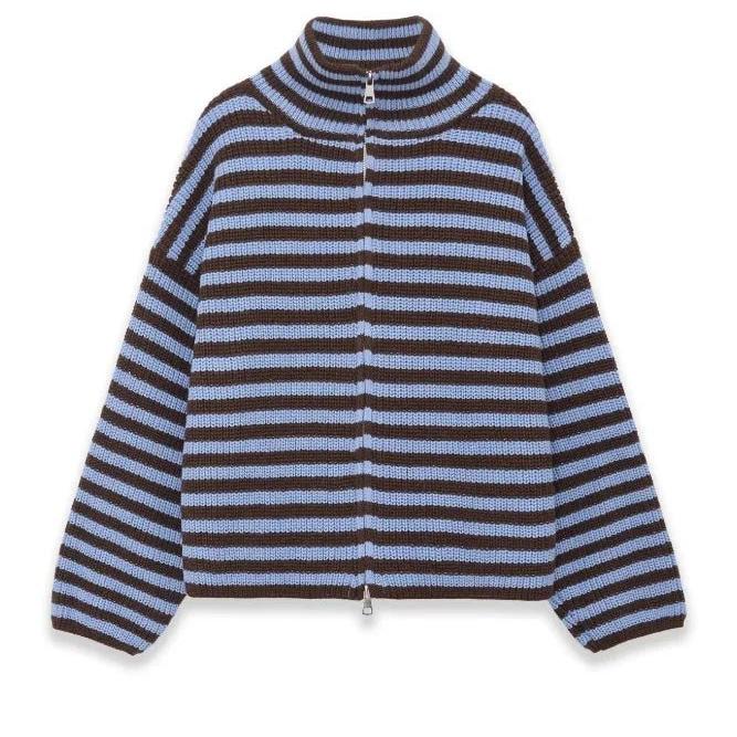 Striped Relaxed Zip Cardigan featuring a High Neck Casual Layering Sweater by Lilla