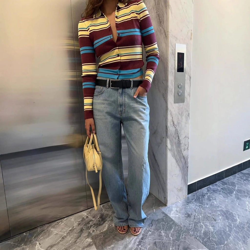 Striped Slim Fit Knit Cardigan featuring Button Closure Casual Office Sweater by Lilla
