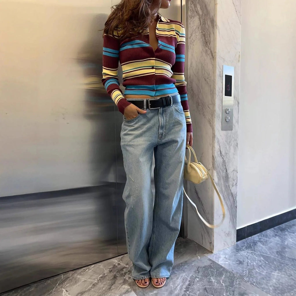 Striped Slim Fit Knit Cardigan featuring Button Closure Casual Office Sweater by Lilla