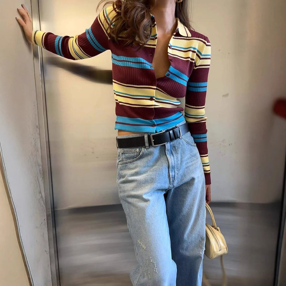 Striped Slim Fit Knit Cardigan featuring Button Closure Casual Office Sweater by Lilla