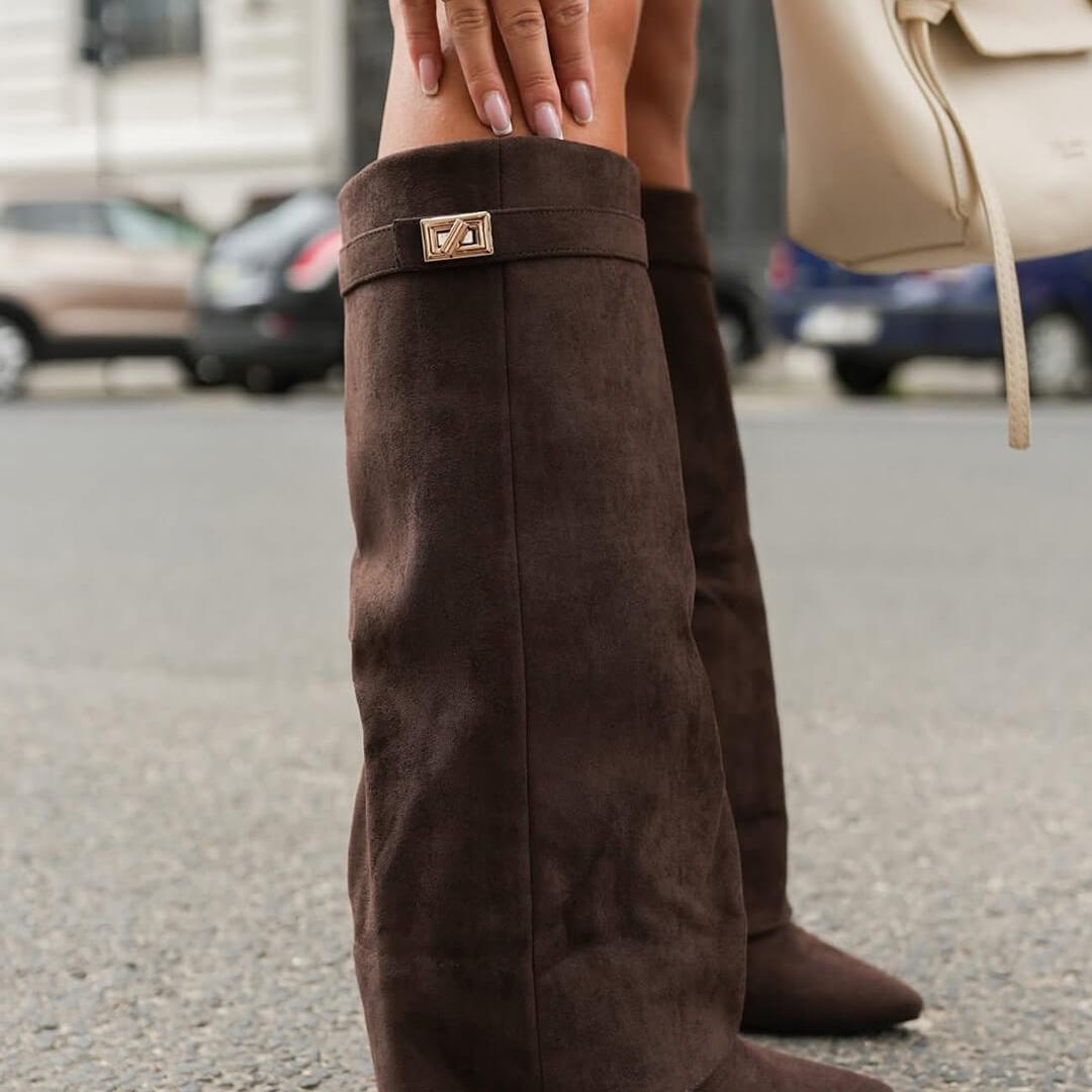 Suede Slim Knee High Boots featuring Elastic Inserts Autumn Winter Footwear by Lilla