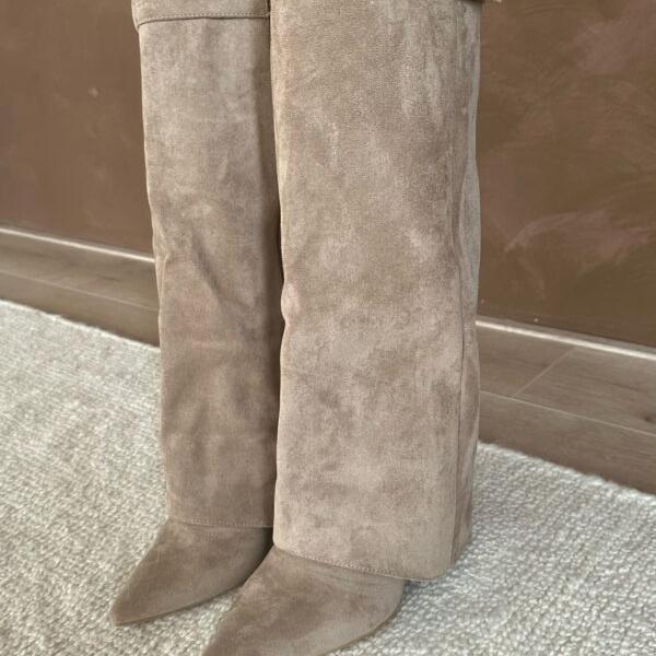 Suede Slim Knee High Boots featuring Elastic Inserts Autumn Winter Footwear by Lilla