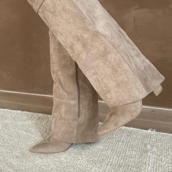Suede Slim Knee High Boots featuring Elastic Inserts Autumn Winter Footwear by Lilla