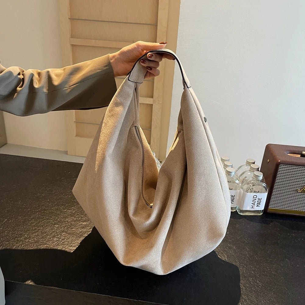 Suede Slouchy Hobo Handbag featuring Zip Closure Everyday Travel Tote by Lilla