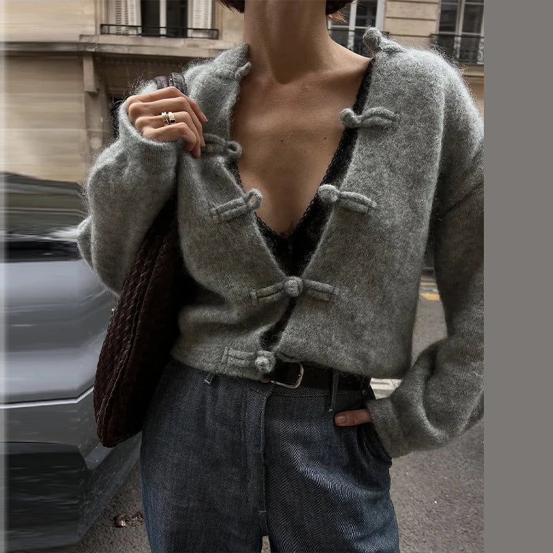 Textured Relaxed Knit Cardigan featuring Frog Knot Buttons Autumn Layering Sweater by Lilla