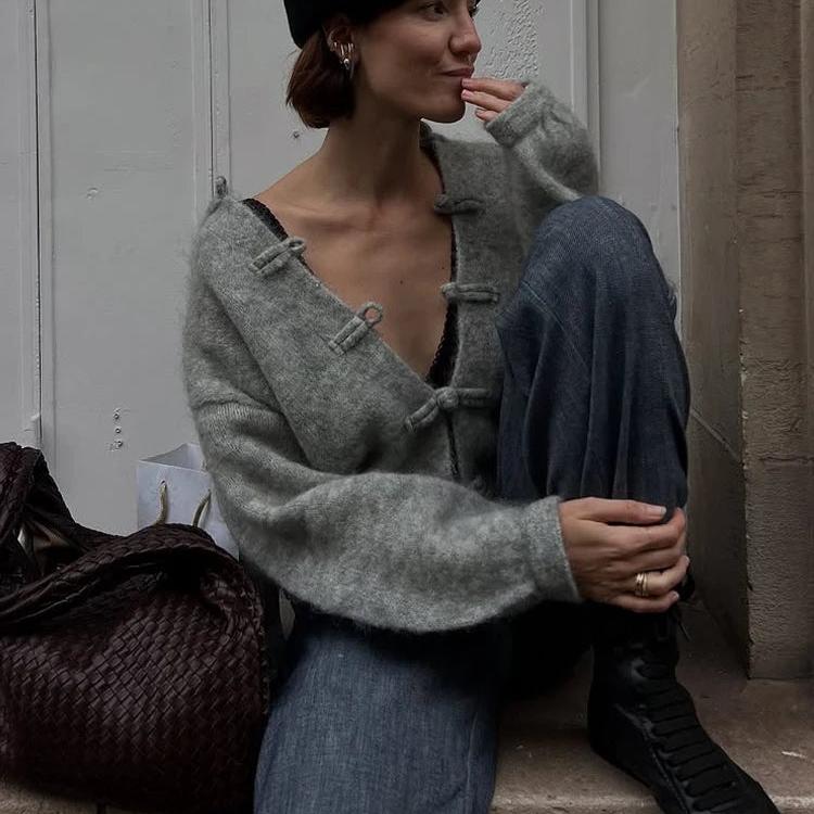Textured Relaxed Knit Cardigan featuring Frog Knot Buttons Autumn Layering Sweater by Lilla
