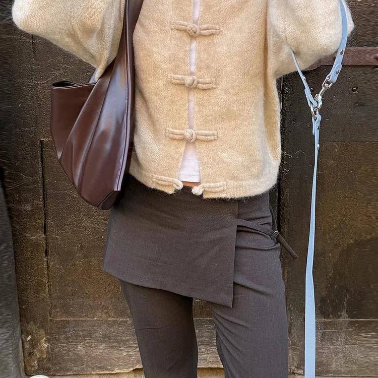 Textured Relaxed Knit Cardigan featuring Frog Knot Buttons Autumn Layering Sweater by Lilla