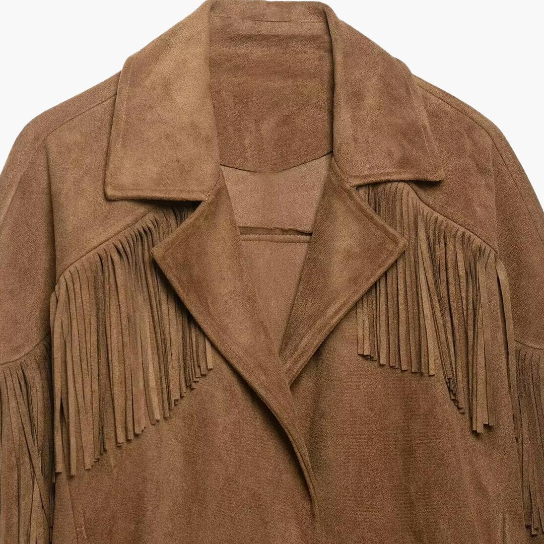 Western Cropped Jacket featuring Cascading Fringe Trim Country Concert Outerwear by Lilla