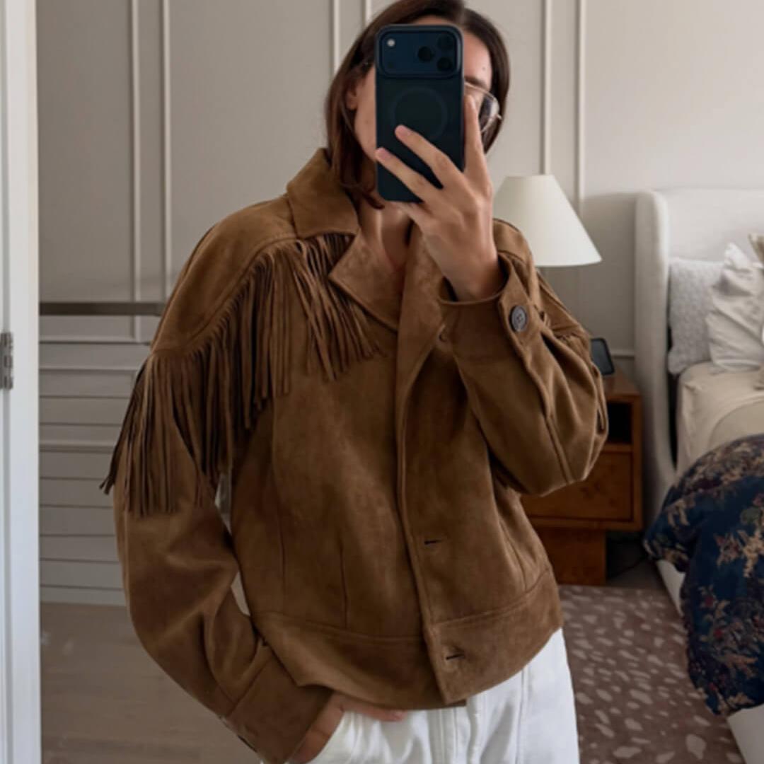 Western Cropped Jacket featuring Cascading Fringe Trim Country Concert Outerwear by Lilla