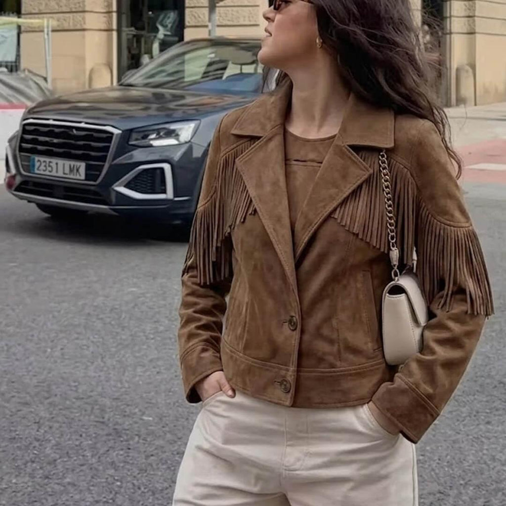 Western Cropped Jacket featuring Cascading Fringe Trim Country Concert Outerwear by Lilla