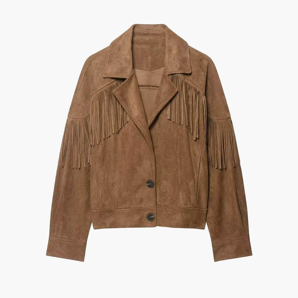 Western Cropped Jacket featuring Cascading Fringe Trim Country Concert Outerwear by Lilla