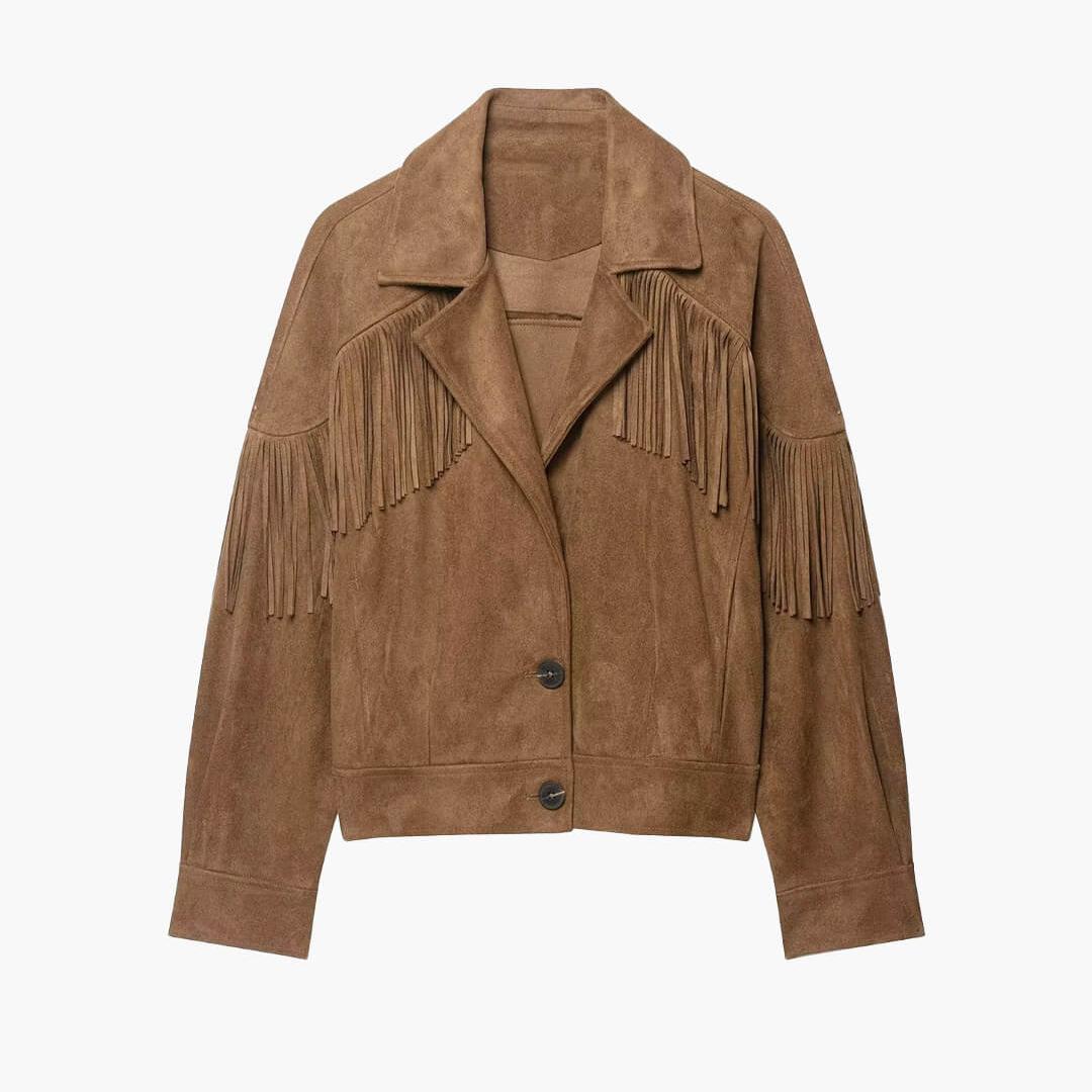 Western Cropped Jacket featuring Cascading Fringe Trim Country Concert Outerwear by Lilla